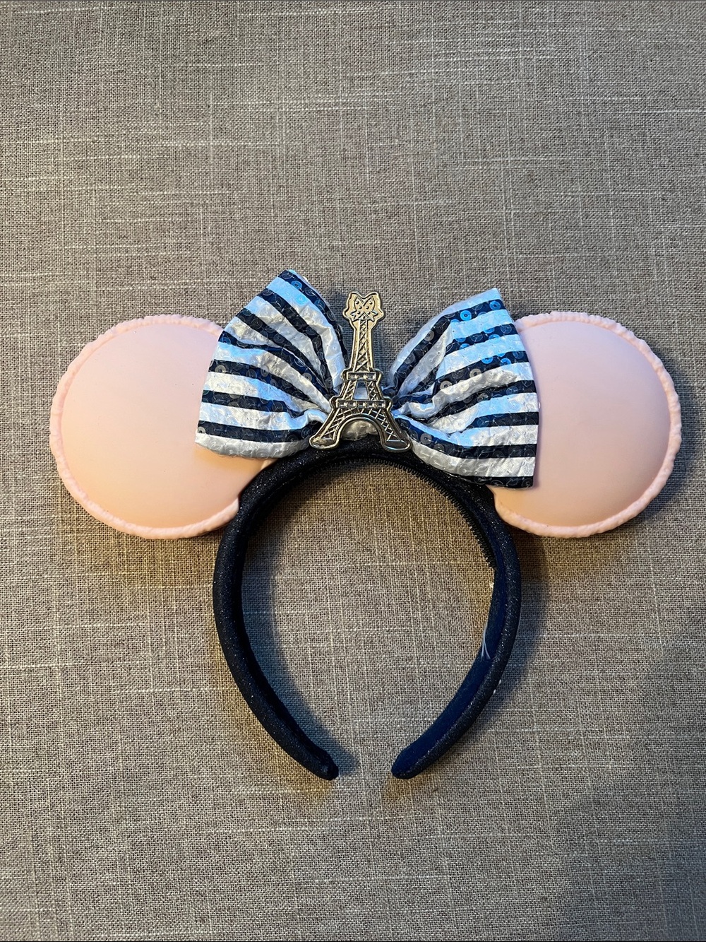 Pink Mouse Ear Headband with Striped Bow and Eiffel Tower Accent